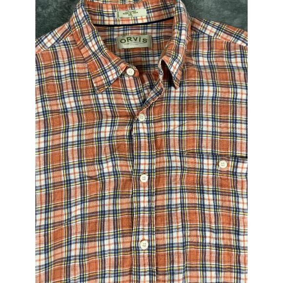 Orvis Men's Orange Navy Plaid Long Sleeve Linen Shirt Size XXL - Picture 4 of 10